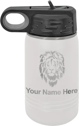Vista 11 de LaserGram Botella de agua personalizada, cabeza de león, acero inoxidable de doble pared aislada al vacío con popote superior, regalo grabado