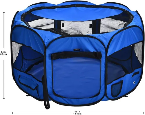 Vista 4 de Amazon Basics Corral Plegable Octogonal para Interior y Exterior, Portátil, Suave para Perros/Cachorros/Juguetes, 114 cm / 45", Azul