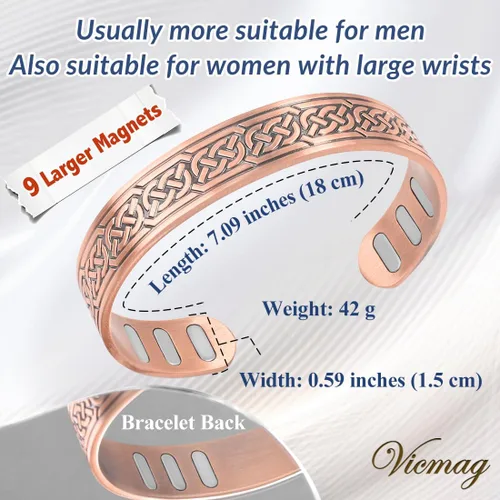 Vista 8 de Vicmag Pulsera de Cobre para Hombres Pulsera Magnética de Fuerza 9X para Hombres 99% Cobre Puro con Imanes de 5000 Gauss, Caja de Presentación