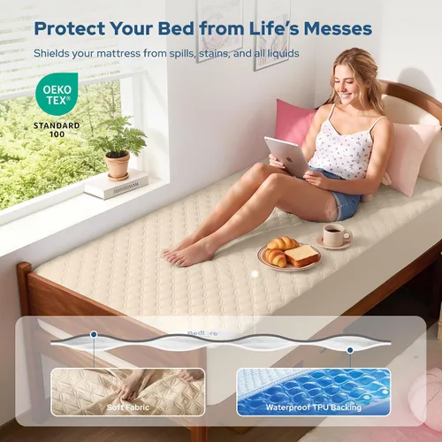 Vista 3 de BEDLORE Protector de colchón impermeable, sin ruido, tamaño individual XL, con bolsillo profundo ajustado de hasta 6 a 15 pulgadas, funda de colchón