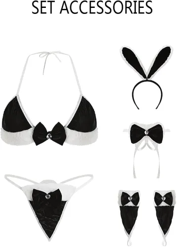 Vista 7 de Ropa interior japonesa Lolita sexy conejito para cosplay, conjunto de lencería de micro bikini, brasier peludo y bragas Kawaii Anime Holiday Party