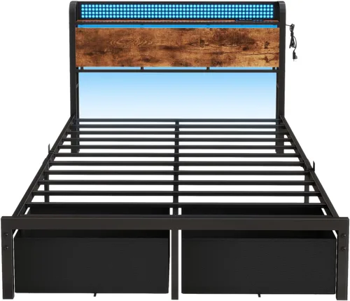 Vista 9 de Furnulem Base de cama de tamaño matrimonial con almacenamiento de cabecero, base de cama de plataforma tamaño matrimonial con 2 cajones, estación