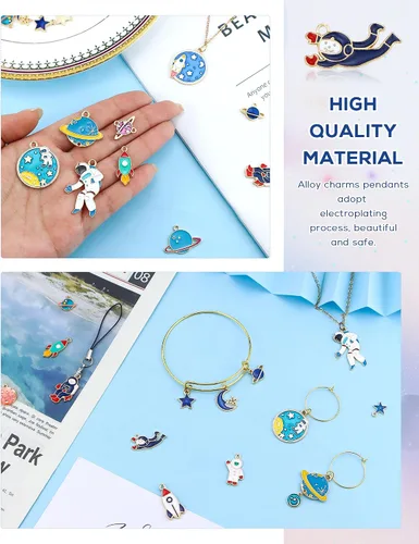 Vista 3 de Abalorio con temática espacial, chapado en oro, surtido de esmalte mixto de astronauta Júpiter, cohete, planeta, celestial, colgante para bricolaje