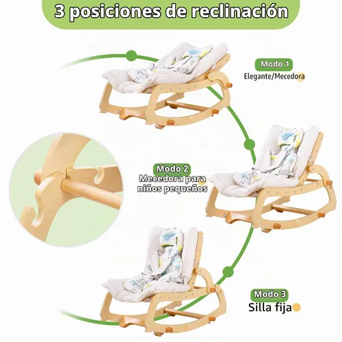 Vista 2 de MallBest Silla mecedora 3 en 1 para bebé con cojines dobles, para 0-12 meses, balancín de madera ajustable para bebés con cojín extraíble y arnés