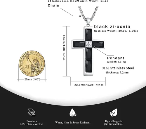 Vista 33 de Collar de cruz para hombre, piedras preciosas de color piedra natal de circonita cúbica, collar de acero inoxidable para hombre, cadena de 24