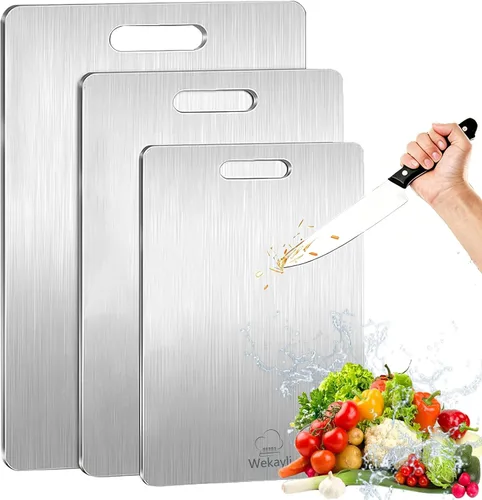 Vista 9 de Juego de 3 tablas de cortar de titanio 100% puro para cocina, tablas de cortar de titanio de doble cara, áreas separadas de alimentos crudos