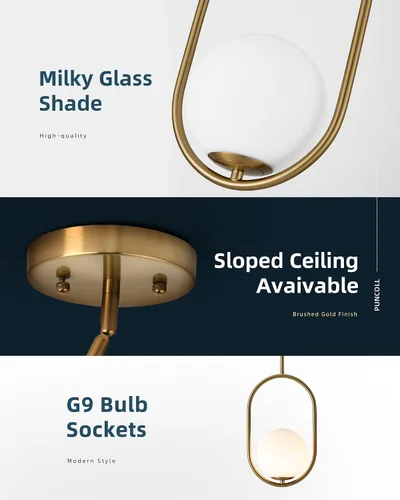 Vista 5 de Lámparas colgantes doradas – Iluminación colgante de 1 luz para isla de cocina con vidrio blanco lechoso – Lámparas colgantes vintage – Luces