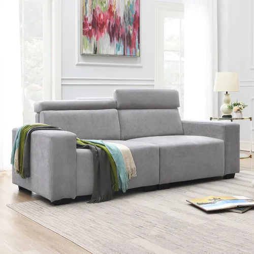 Vista 15 de Quarte Sofá modular moderno de 4 plazas con bolsillos para reposabrazos y 4 almohadas, sofá minimalista de tela de lino para sala de estar Gris