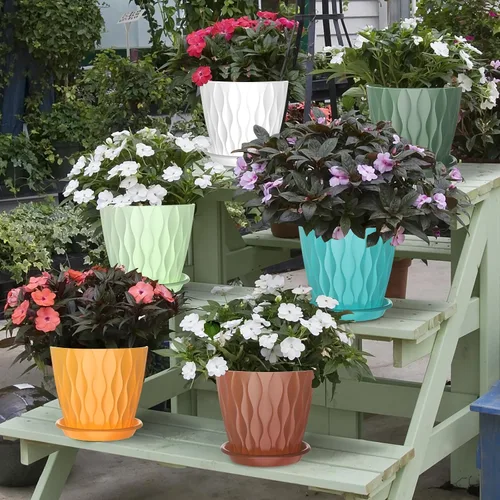 Vista 6 de Paquete de 6 macetas de interior de 6 pulgadas con agujeros de drenaje, macetas decorativas de plástico para exteriores, macetas de jardín con Con