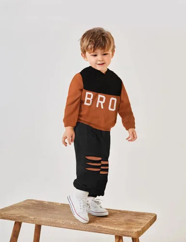 Vista 3 de AGAPENG Conjunto de ropa de manga larga con capucha y estampado de letras pantalones rasgados para otoño e invierno