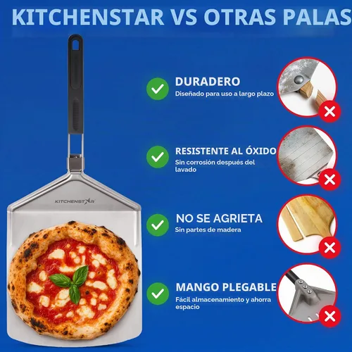 Vista 5 de KitchenStar Pala de pizza de metal de 12 pulgadas con mango plegable, paleta de espátula de acero inoxidable para transferencia de pizza sin No