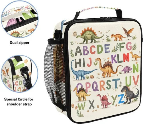 Vista 2 de Pfrewn Lonchera de dinosaurio, alfabetos con dinosaurios, bolsa de almuerzo aislada, reutilizable, enfriadora, bolsas de preparación de comidas