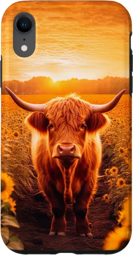 Vista 9 de iPhone 12 mini Estética Scottish Highland Cow In Sunflower Field Sunset Case