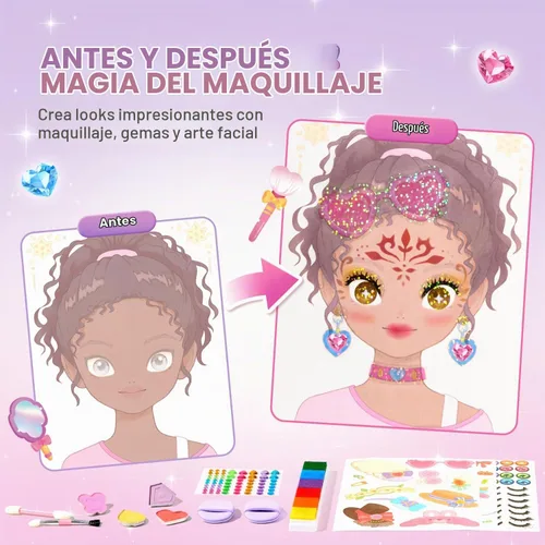 Vista 3 de Jar Melo Libros de actividades de maquillaje para niñas de 4 a 8 años, kit de manualidades 6 en 1 con arte de aluminio, calcomanías de gemas