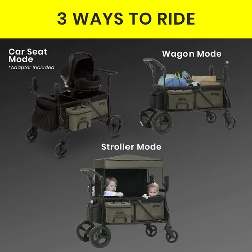 Vista 2 de Jeep Deluxe Wrangler Cochecito Wagon con bolsa enfriadora y organizador para padres por Delta Children, negro/verde