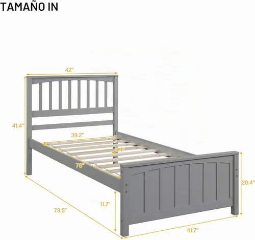 Vista 2 de P PURLOVE - Base de cama tamaño individual, plataforma de madera maciza con Gris