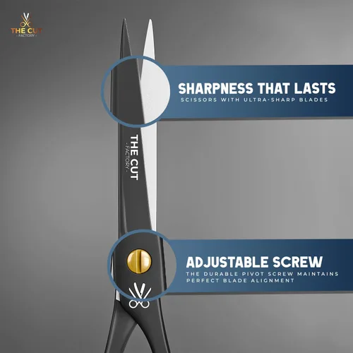 Vista 8 de The Cut Factory® Tijeras de Cabello de Lujo Negro Mate de 6.5 Pulgadas – Tijeras de Barbero de Acero de Alto Carbono Ultra Afiladas para Hombres