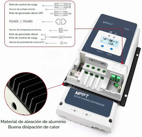Vista 5 de EPEVER Controlador de carga solar MPPT 50A 12V/24V/36V/48V DC Identificación automática del voltaje del sistema Max.PV 150V Regulador del panel