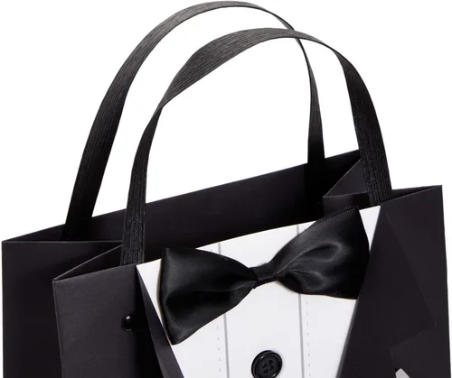 Vista 7 de Sparkle and Bash Bolsas de regalo para padrinos de boda con diseño de esmoquin 3D, pajarita de satén y botones reales, color negro, paquete de 6, 8