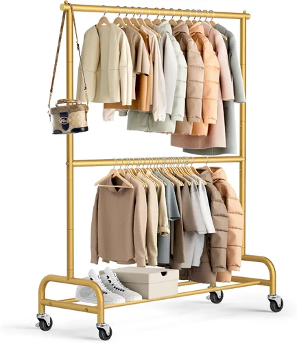 Vista 11 de MISSLO Perchero resistente para ropa con doble varilla para colgar, estante de ropa enrollable, armario de closet con ruedas, metal, ajustable, negro