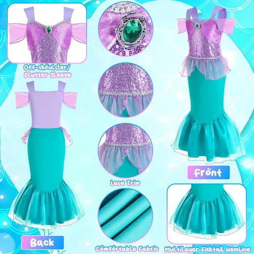 Vista 3 de Disfraz de sirena de princesa de 2 piezas, vestido de fiesta de carnaval, Halloween, cumpleaños, vestido con accesorios