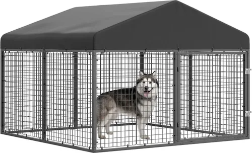 Vista 7 de Caseta de perro para exterior con valla para perros pequeños y medianos, recubrimiento antióxido, jaula con techo, resistente a todas