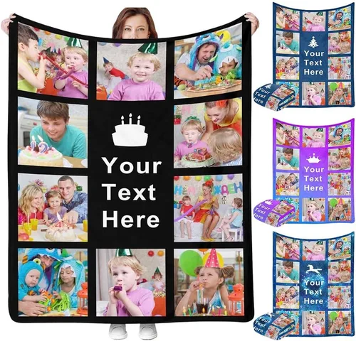 Vista 10 de Manta personalizada con imagen, tu texto aquí, 10 fotos, mantas de imágenes personalizadas para adultos, familia, papá, mamá, parejas, manta