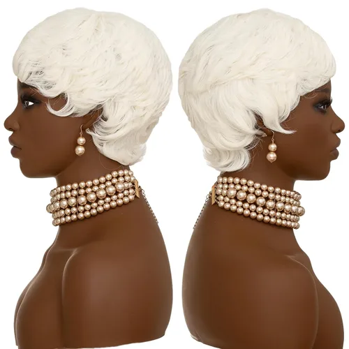 Vista 8 de Peluca Pixie blanca corta para mujeres negras, peluca blanca de corte pixie para mujeres negras, pelucas de pelo corto sintético en capas