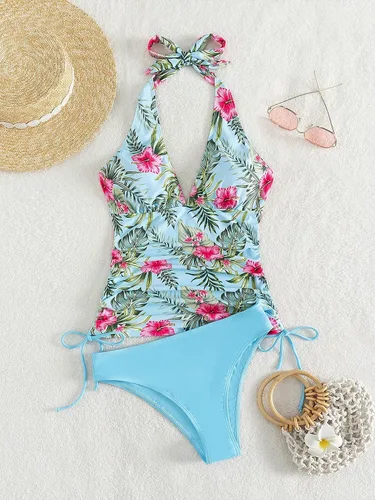 Vista 3 de Floerns Traje de baño tankini de dos piezas con estampado tropical y cuello halter y lazo lateral para mujer