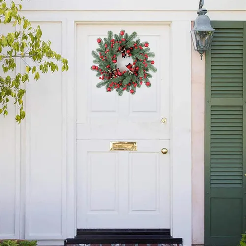 Vista 12 de Corona de Navidad con adornos de bolas para decoración de puerta delantera (corona rosa, 17.7 in)