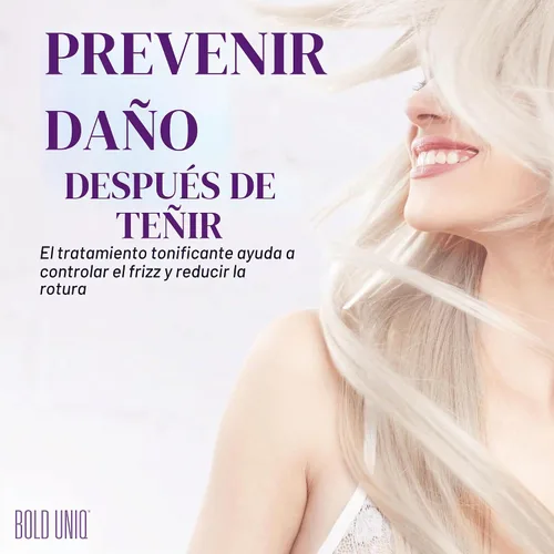 Vista 5 de Bold Uniq Mascarilla morada para el cabello rubio, platino, decolorado, plateado, gris, ceniza y cobrizo. Elimina los tonos amarillos y acondiciona