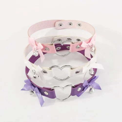 Vista 6 de Gargantilla gótica de cuero con forma de corazón, collar de campana con nudo de lazo, gargantilla punk sexy, collar de corazón hueco para mujer