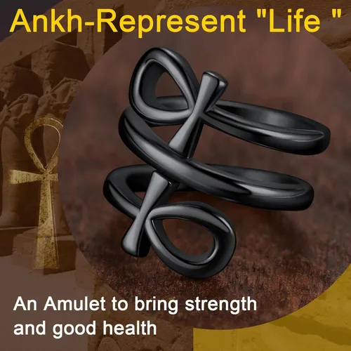 Vista 3 de ChainsProMax Puede grabar anillos de cruz Ankh para hombres y mujeres, anillo de mitología de joyería egipcia, acero inoxidable, chapado en oro