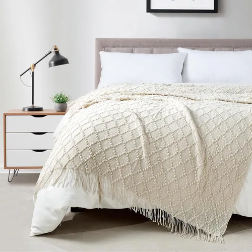 Vista 60 de Bourina Manta de punto decorativa con textura, unicolor y suave, para sofá, 50 x 60 pulgadas, almendra Knitted Throw Blanket 50x60 Inches, Soft