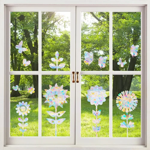 Vista 5 de Calcomanías de ventana de flores, anticolisión de mariposa, calcomanías para salvar a los pájaros de colisiones de ventanas, vinilo prismático