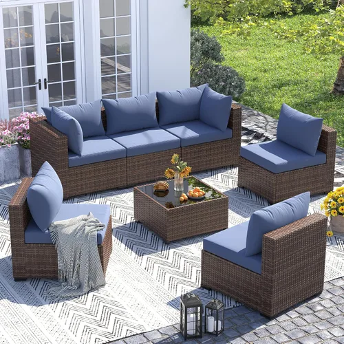 Vista 19 de UDPATIO Muebles de exterior 7 piezas de mimbre para patio, cojín Beige