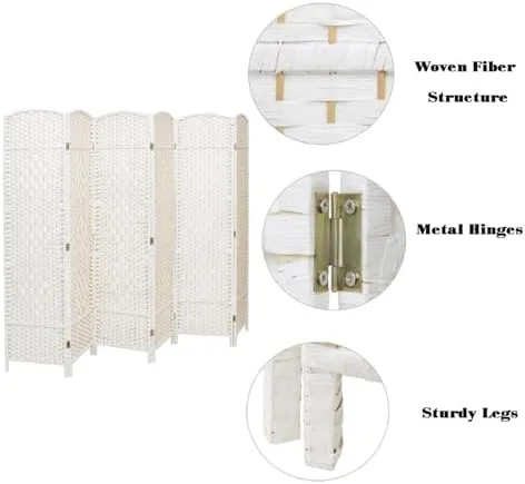 Vista 4 de Tall White Rattan Room Divider, Foldable Privacy Screen, Space-Saving Partition, 60/80/100/120cm High, 4 Panels (100x40cm) - Stylish Home Decor
