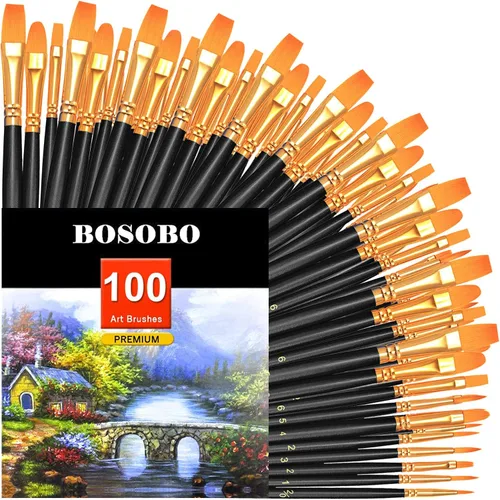 Vista 9 de BOSOBO Juego de pinceles de pintura, 10 pinceles de punta redonda puntiaguda, pinceles de nailon para artistas de cabello acrílico, acuarela