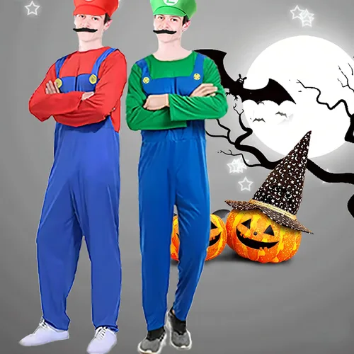 Vista 6 de PUVKVE Disfraz de Super Brothers, disfraz de Halloween para adultos, niños, fontanero, cosplay, overoles con accesorio