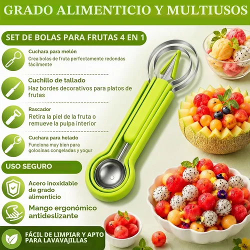 Vista 3 de Juego de palas de melón Suuker, 4 en 1 cortadores de frutas con formas, cuchara de sandía, cuchara de frutas y pelador de bolas, herramientas