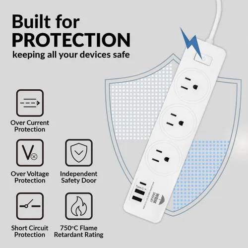 Vista 5 de WBM Smart Regleta de alimentación de 5.9 pies y 10 A, enchufe de cable de extensión con 2 puertos USB y 1 enchufe tipo C, certificado ETL, extensor