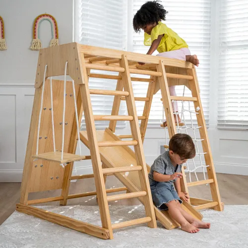 Vista 9 de Avenlur Magnolia Zona de juegos para interiores 7 en 1, gimnasio de la selva para niños de 2 a 6 años - Tobogán, pared de escalada, escalador