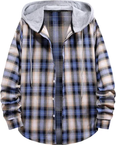 Vista 14 de Aymnlox Sudaderas con capucha para hombre, de manga larga, a cuadros, con botones, con capucha, casual, elegante, con cordón, 2024 #A01-Red
