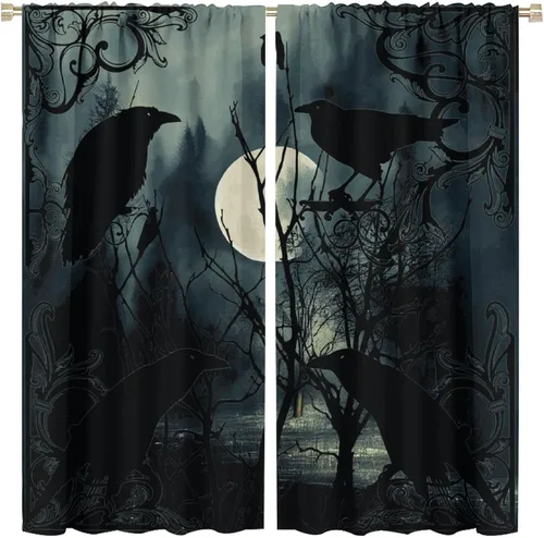 Vista 37 de Cortinas góticas rústicas con estampado de cuervo de bosque brumoso, rama, luna, bolsillo para barra, cortinas de ventana para dormitorio, sala
