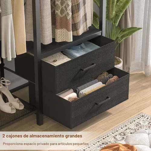 Vista 7 de Perchero de 78.7 pulgadas para colgar ropa, perchero reversible con 2 cajones, percheros resistentes con estantes, sistema de armario portátil Negro