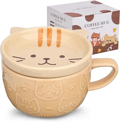 Vista 8 de Linda Taza de Cerámica para Gatos con Tapa, Tazas de Café Kawaii o Tazas de Té para Amantes de los Gatos, Tazas Divertidas de Novedad