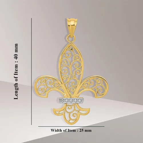 Vista 5 de Diamond2Deal Colgante de flor de Lis de Filigrana chapada en oro amarillo de 14 k y rodio, joyería fina para mujer (L- 1.575 in W- 0.984 in)