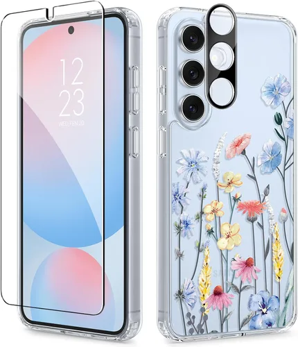 Vista 57 de GVIEWIN Funda protectora para Samsung Galaxy S25, transparente floral, delgada, a prueba de golpes, para mujer, no se pone amarilla, con protector