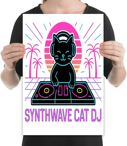 Vista 2 de Synthwave Cat DJ – Amantes de la música – Póster impreso de 13 x 19 – Decoración de pared retro