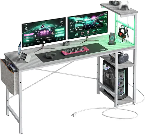 Vista 16 de Bestier - Escritorio de juegos con luces LED, escritorio para PC de 44 pulgadas para espacios pequeños, escritorio de computadora con estantes